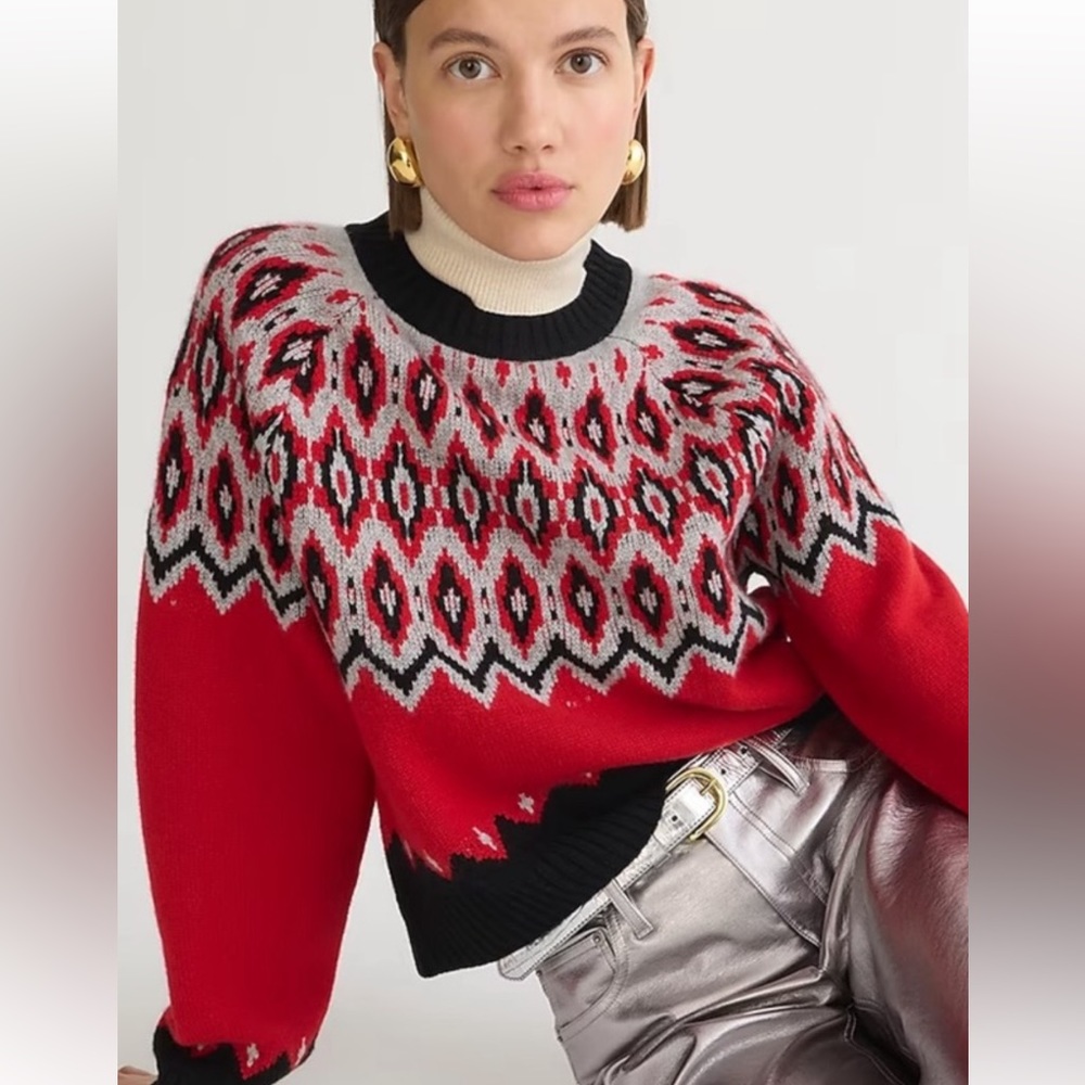 J. Crew Red, Black & Gray Fair Isle Crewneck Sweater